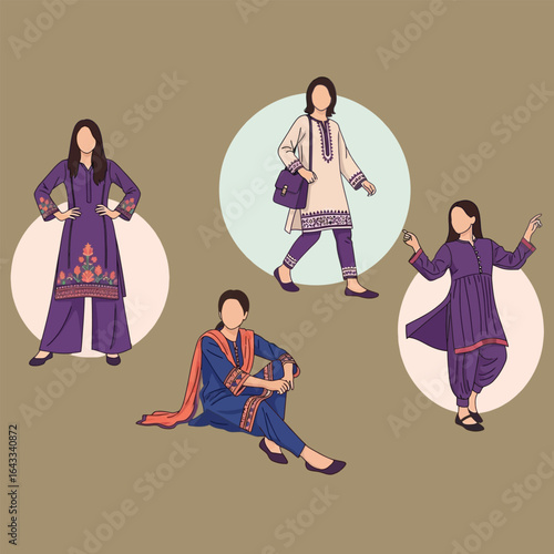 Four stylized illustrations of women in traditional South Asian attire, each in a unique pose.
