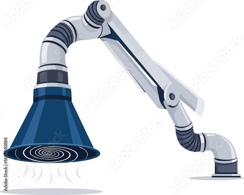 Illustration of a blue and white robotic arm with a funnel-shaped end, emitting wavy lines.