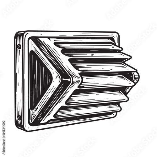 Detailed black and white illustration of a vent cover in an engraved woodcut style
