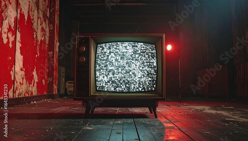 Retro TV displaying static in a dilapidated room