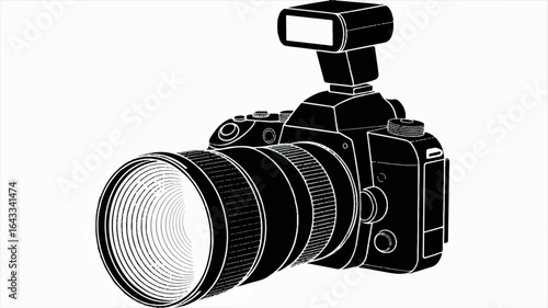 Black and white line art illustration of a professional dslr camera with a telephoto lens