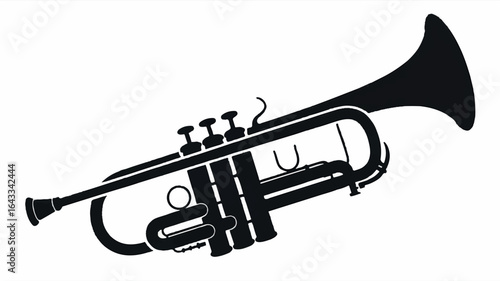Classic black and white silhouette illustration of a trumpet on a clean white background