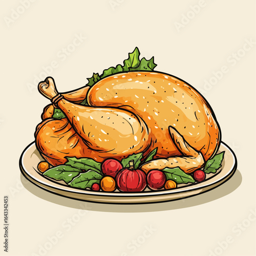 Retro theme of a roasted turkey with garnish on a festive plate, suitable for Thanksgiving-themed T-shirt prints and seasonal apparel