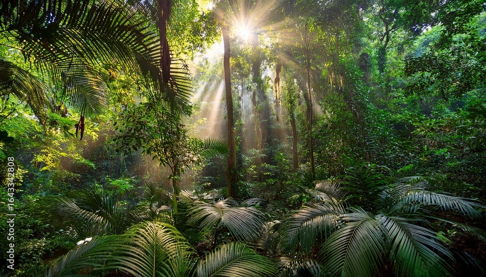 Obraz premium dense jungle canopy with sunlight streaking through the lush foliage