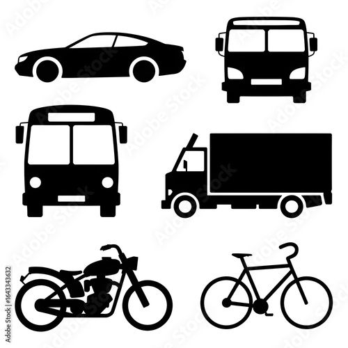 Collection of modern transport silhouettes including cars, buses, trucks, motorcycles, and bicycles