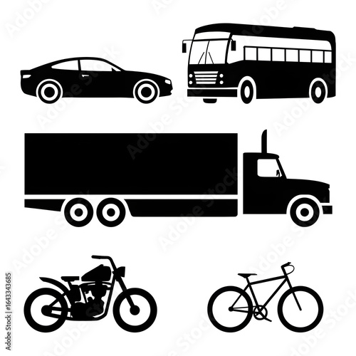 Diverse transportation options including car, bus, truck, motorcycle, and bicycle icons for various projects.