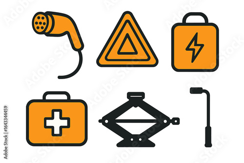 Safety equipment and tools for emergency situations in a clear and informative layout