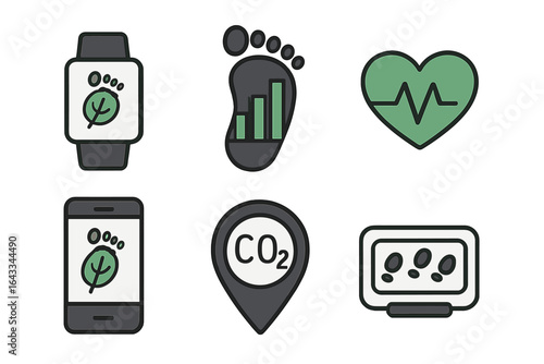 Health and environmental tracking devices showcasing footprints, heart rate, and carbon footprint data