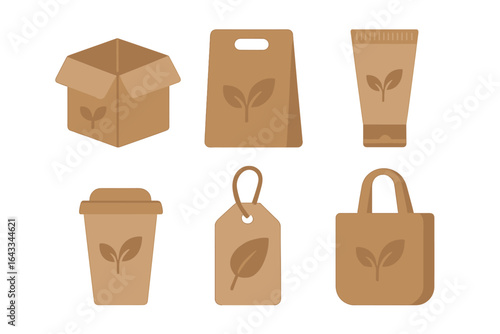 Variety of eco-friendly packaging designs showcasing sustainable materials in a minimalist style