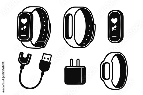 Fitness tracker accessories including wristbands, charger, and USB connection in a minimalist design