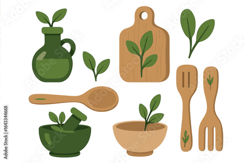 Greenery and kitchen tools combined in a creative design with plants in a rustic setting