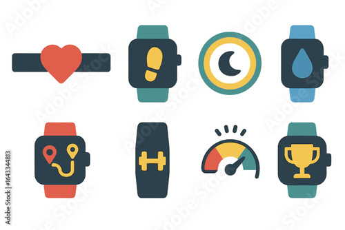 Fitness tracking devices display various health monitoring features and metrics in a flat lay arrangement