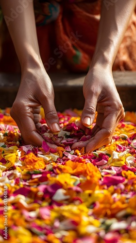 Warm Light Close Up of Hands Arranging Colorful Flower Petals Ceremony Preparation