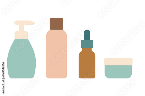 Skincare products displayed on a light background showcasing various shapes and colors for a minimalist aesthetic