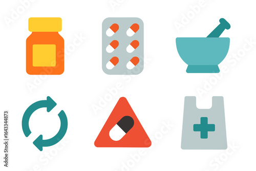 Visual representation of pharmacy elements featuring medications, a mortar and pestle, and safety symbols for health awareness