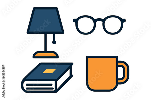 Cozy study corner with lamp, glasses, coffee mug, and book for reading at home in warm lighting