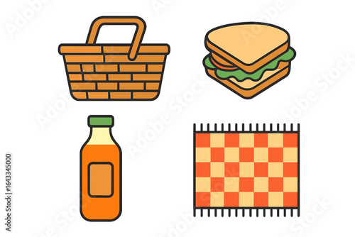 Picnic basket, sandwich, drink, and blanket set for a sunny outdoor gathering in a park or backyard