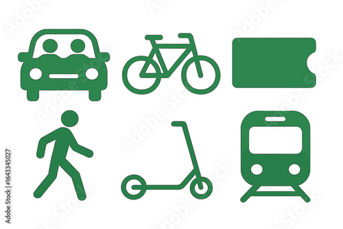 Different modes of transportation including cars, bicycles, public transit, and sidewalks illustrated in a simple design