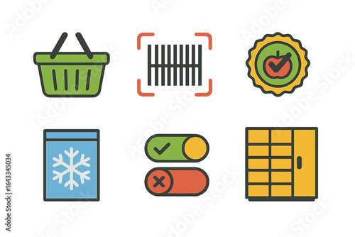Icons representing grocery shopping, inventory management, and food storage in a modern design