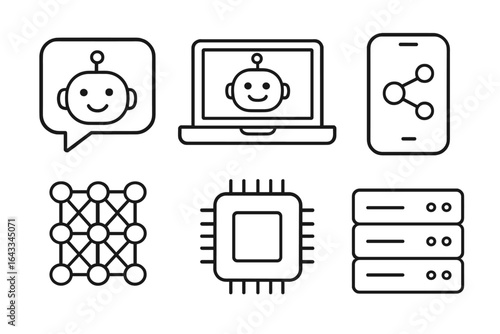 Various icons representing technology, communication, and artificial intelligence in a digital environment