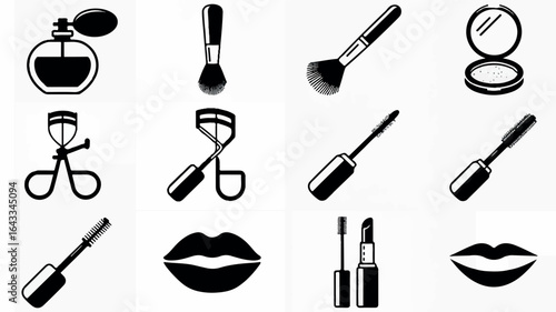 Set of 12 black and white makeup and beauty icons in a grid layout