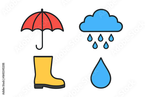 Weather accessories include an umbrella, rain cloud, rain boots, and raindrops depicting a rainy day preparation