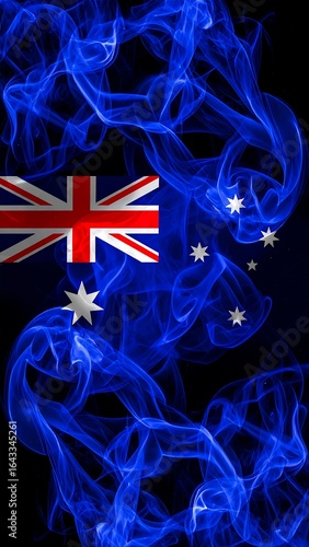 Swirling blue smoke artfully forms a nation's flag