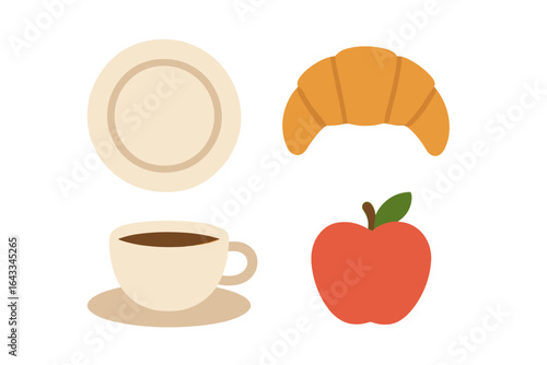 Morning breakfast setting featuring coffee, croissant, and apple on simple plate, set in bright minimalist style