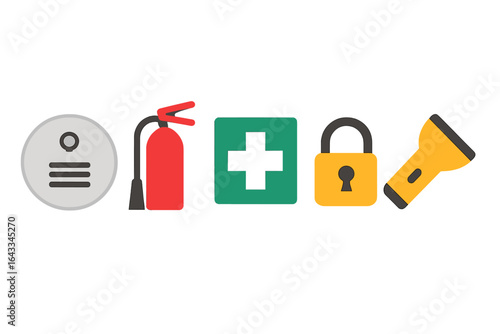 Essential safety equipment icons for emergency preparedness and response in various locations and situations