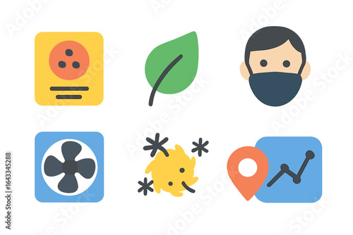 Health and safety icons representing wellness, environment, and data analysis in a colorful design