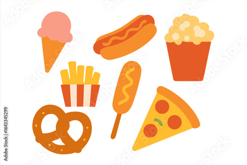 Variety of colorful fast food items including ice cream, pizza, and hot dogs laid out on a white background