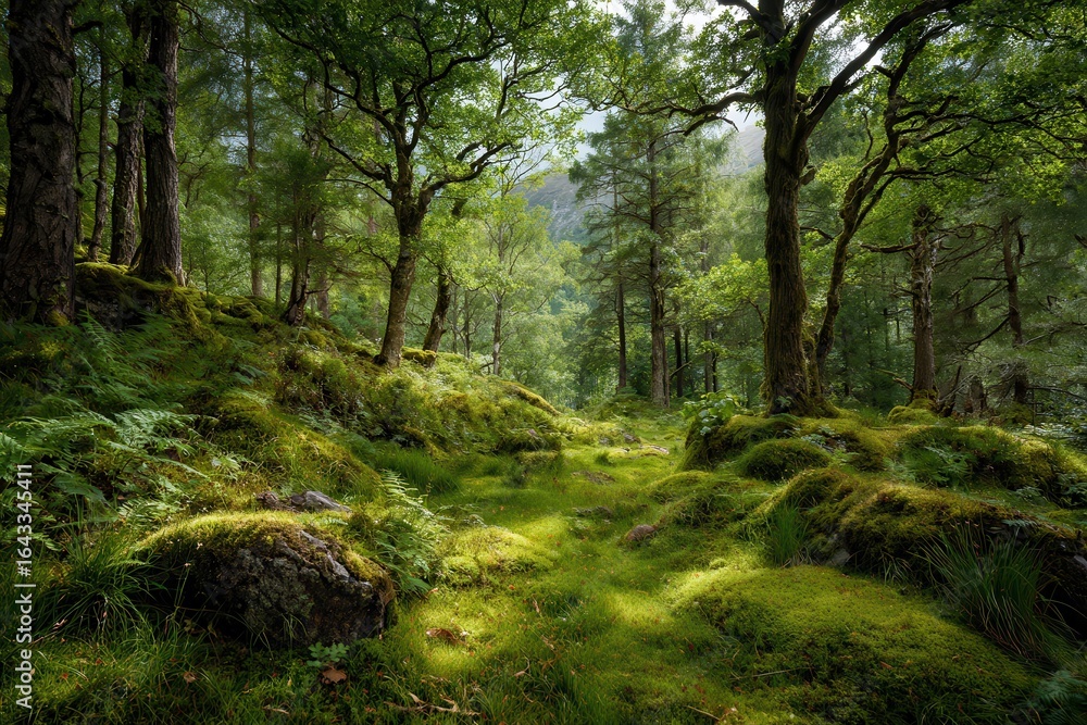 Naklejka premium Serene woodland escape with vibrant greenery, peaceful ambiance, and soft moss inviting nature enthusiasts to explore and connect with the outdoors