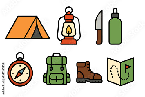 Essential camping gear including tent, lantern, backpack, and hiking accessories arranged for outdoor adventure preparation