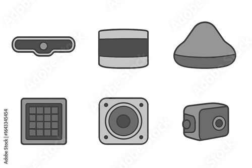 Various speaker and audio equipment designs displayed in a minimalist style with different shapes and sizes