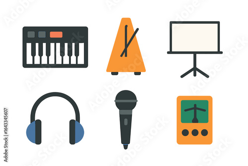 Music equipment including keyboard, metronome, microphone, headphones, and music stand arranged on a simple background