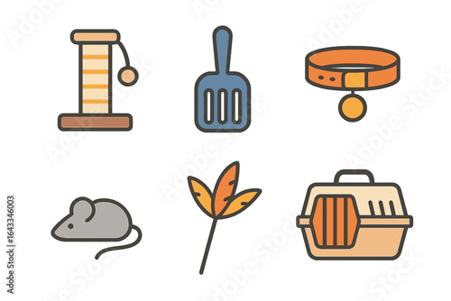 Cat care essentials including scratching post and litter scoop for pet owners
