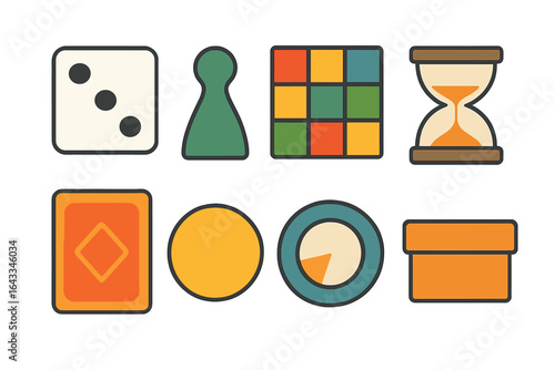 Board game pieces and accessories displayed in a colorful layout for a fun family game night setting