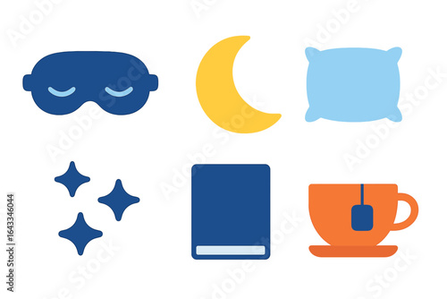 Sleep essentials kit with mask, moon, pillow, stars, journal, and cup of tea for a restful night