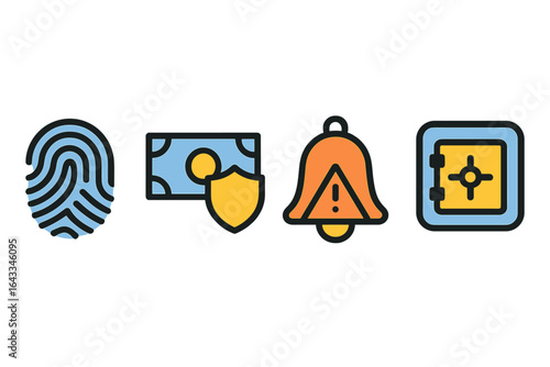 Understanding security concepts through symbols representing fingerprint, currency, alert, and safe in a modern design