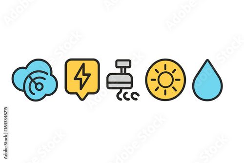Weather icons representing various elements including clouds, lightning, wind, sun, and water droplets in a modern design