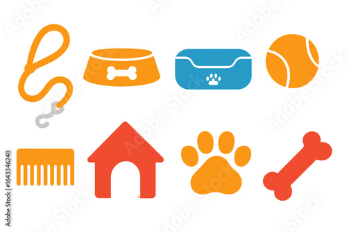 Essential pet supplies for dog owners including dishes, toys, and grooming tools arranged in a colorful layout