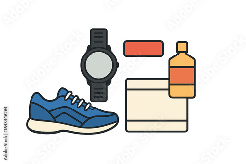 Essential fitness gear for an active lifestyle including a shoe, watch, water bottle, and energy bar
