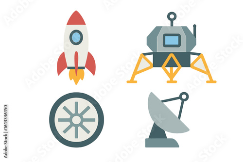 Rocket, lunar lander, satellite dish, and wheel illustrations showcase futuristic space exploration concepts
