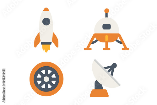 Colorful illustrations of space exploration elements featuring a rocket, lander, satellite dish, and wheel on a clean background