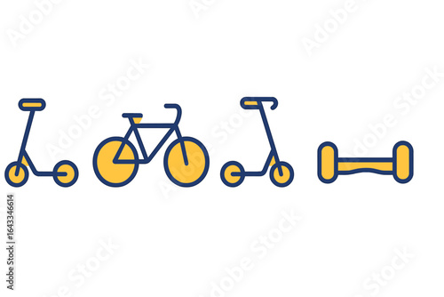 Vector art showcasing a variety of transportation and fitness options such as scooters, bicycles, and weights for active lifestyles