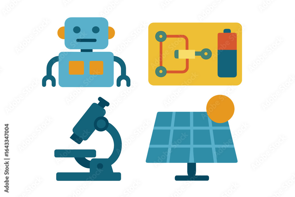 Obraz premium Exploring technology and innovation through robotics, circuitry, solar energy, and microscopy in a digital landscape
