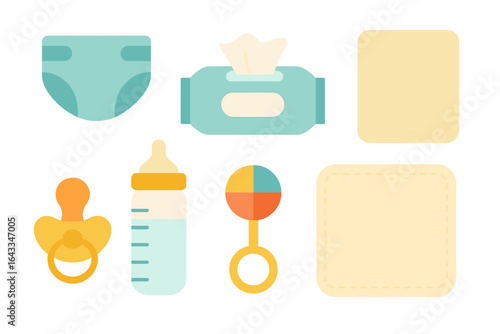 Essential baby care items including diaper, wipes, bottle, pacifier, and rattle on a soft backdrop
