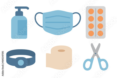 Essential health items arranged, including sanitizing gel, masks, and first aid supplies for safety and care