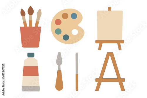 Art supplies arranged for painting practice with brushes, palette, easel, and tools
