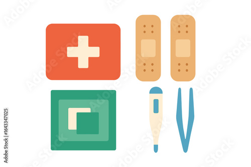 First aid supplies including band-aids, thermometer, and tweezers arranged neatly on a white background